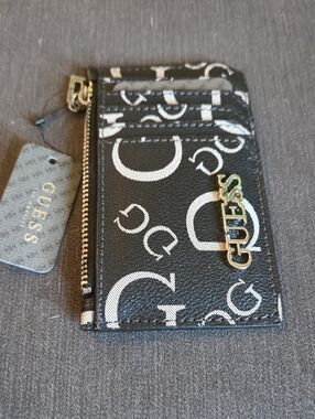 Guess Black and White Logo Card Case with Gold Accent